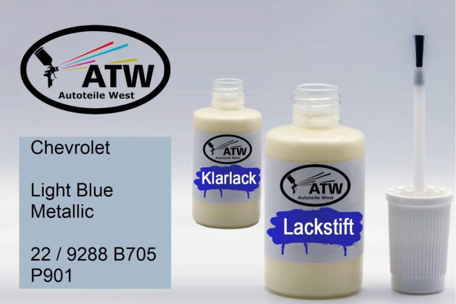 Chevrolet, Light Blue Metallic, 22 / 9288 B705 P901: 20ml Lackstift + 20ml Klarlack - Set, von ATW Autoteile West.